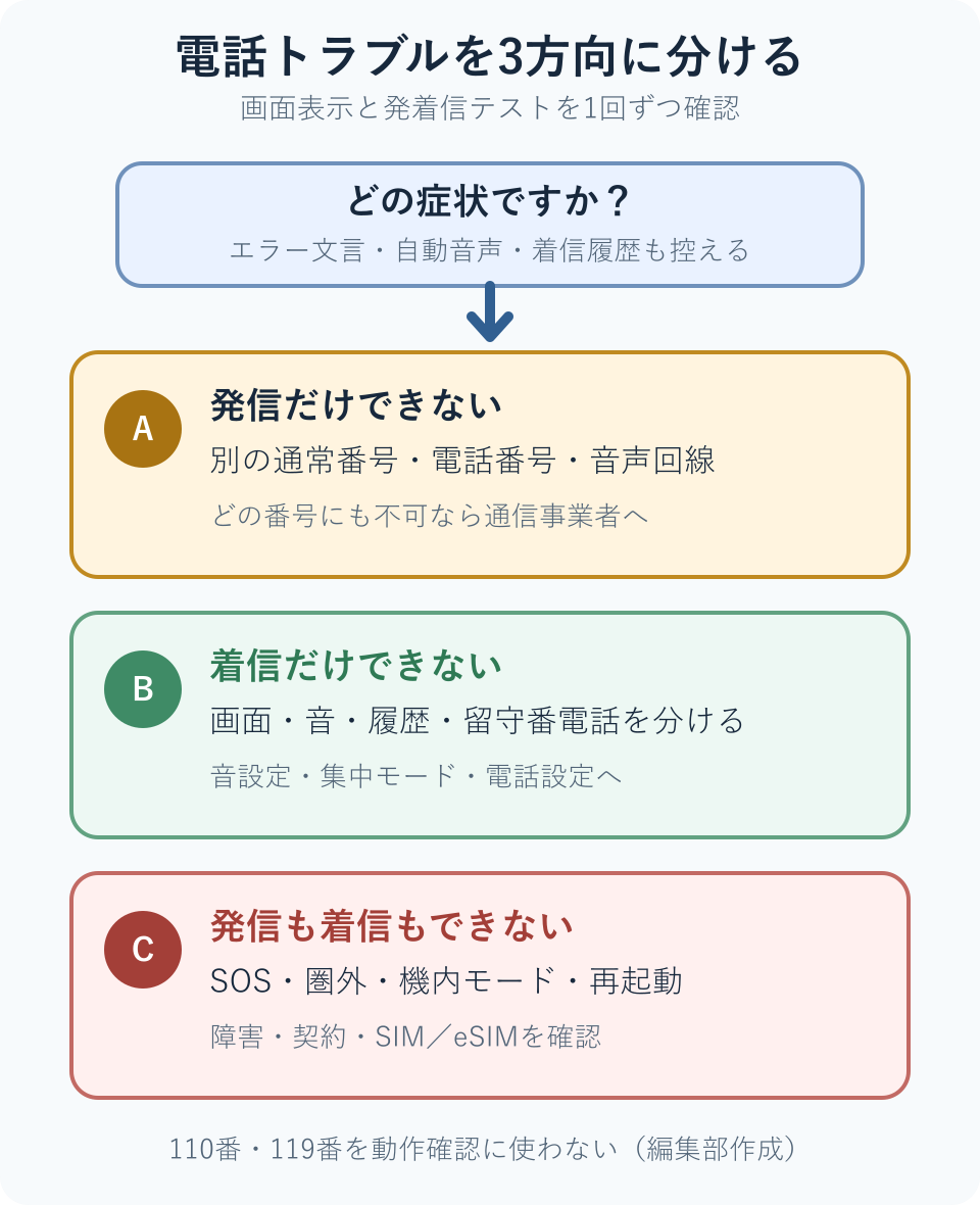 電話の症状を発信だけ不可、着信だけ不可、発信も着信も不可の3方向に分ける判断図