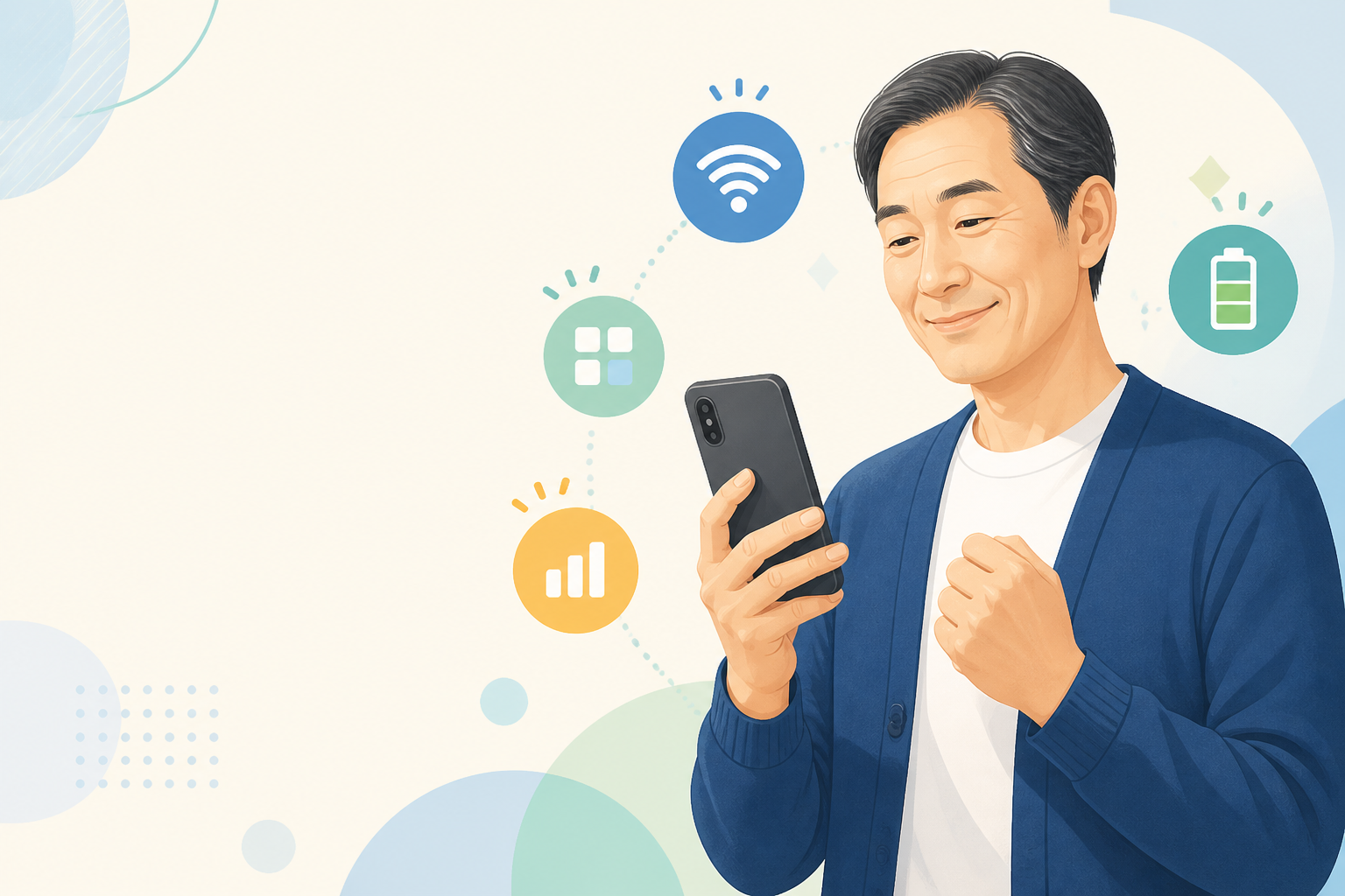 スマートフォンの困りごとが解決して安心する人のイラスト