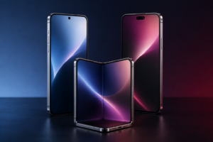 新型iPhoneの発表予想を表す、2台のスマートフォンと折りたたみ端末のイメージ