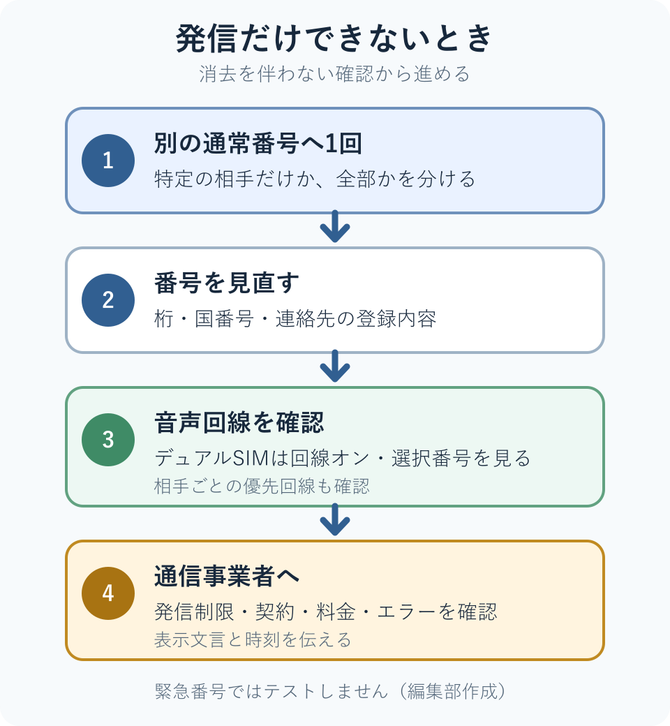 発信だけできない場合に別の通常番号、番号、デュアルSIMの音声回線、通信事業者を確認する図